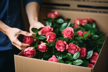Person holding a box full of fresh pink roses, suitable for floristry and romantic concepts.