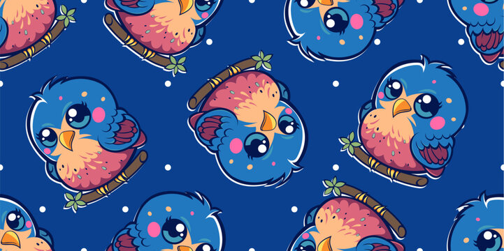 cute little baby bird catoon seamless pattern, animal nature concept isolated flat, comic line art, digital artwork for prints professional file quality.
