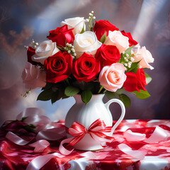 White vase with rose bouquet and red ribbon decoration, Generative AI-category: none  - obrazy, fototapety, plakaty