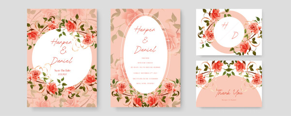 Red rose elegant wedding invitation card template with watercolor floral and leaves. Watercolor wedding invitation template with arrangement flower and leaves