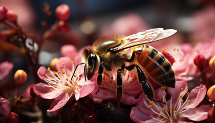 Busy honey bee pollinating a beautiful yellow flower generated by AI - obrazy, fototapety, plakaty