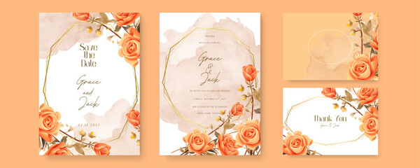 Orange rose artistic wedding invitation card template set with flower decorations. Watercolor wedding invitation template with arrangement flower and leaves