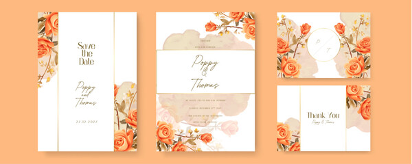 Orange rose artistic wedding invitation card template set with flower decorations. Watercolor wedding invitation template with arrangement flower and leaves