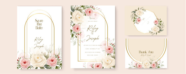 Pink and yellow rose beautiful wedding invitation card template set with flowers and floral. Watercolor wedding invitation template with arrangement flower and leaves