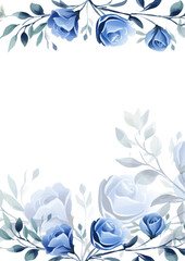 Fototapeta na wymiar Blue and white watercolor hand painted background template for Invitation with flora and flower. Watercolor art flower and botanical leaves with organic shapes background for card, poster, web