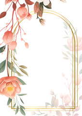 Peach and white modern wreath background invitation frame with flora and flower. Watercolor art flower and botanical leaves with organic shapes background for card, poster, web