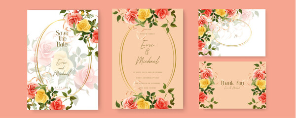 Fototapeta na wymiar Yellow and red rose vector wedding invitation card set template with flowers and leaves watercolor. Watercolor wedding invitation template with arrangement flower and leaves