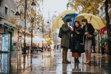 Business people discussing project details and strategic partnerships for growth and profit in a rainy outdoor meeting.