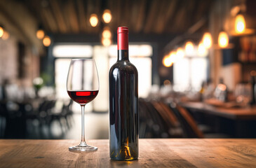 Glass of red wine with bottle against rustic dark on wooden table. Mock up for design