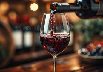 Red wine being poured into a glass with grapes in the background. - obrazy, fototapety, plakaty