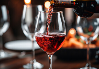 Red wine being poured into a glass with grapes in the background. - obrazy, fototapety, plakaty