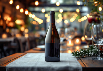 Bottle of wine on wooden table background. wine shop