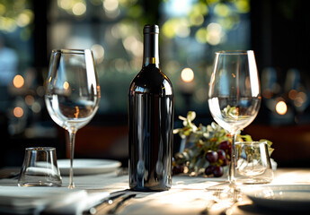 Bottle of wine and glasses on table in restaurant, closeup