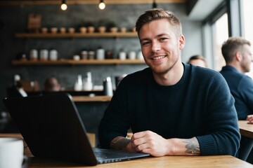 a remote worker at a cafe, enjoying work life balance and working hard - obrazy, fototapety, plakaty