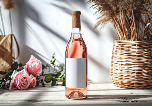 Rose wine, bottle of rose wine with blank label and flowers  in natural daylight, Mockup