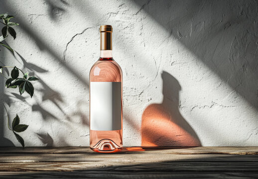 Rose wine, bottle of rose wine with blank label and flowers  in natural daylight, Mockup