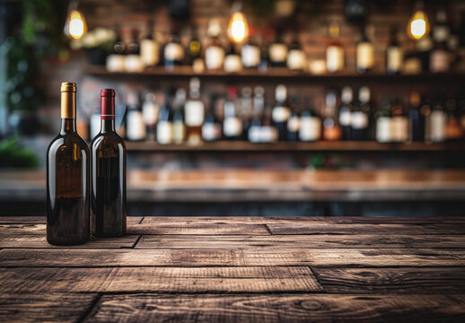 Bottle of wine on wooden table background. wine shop