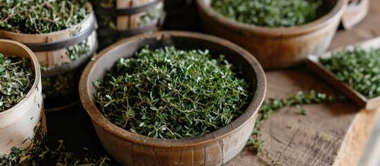 Sustainable packaging for drying thyme plants used in herbal tea and homeopathy.