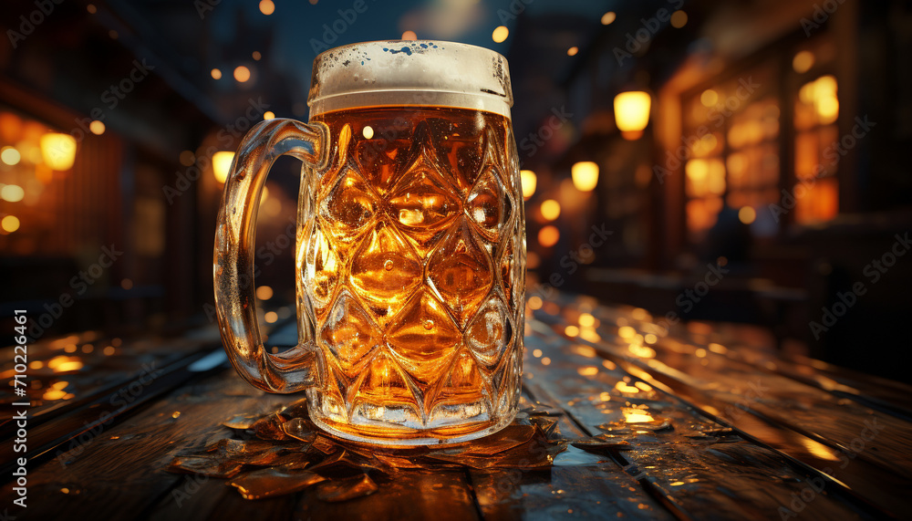 Canvas Prints A frothy pint of beer on a wooden table at night generated by AI