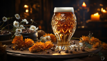 A wood table holds a dark beer glass, fresh and frothy generated by AI - obrazy, fototapety, plakaty