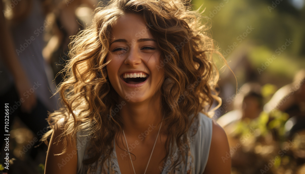 Wall mural Smiling young woman enjoying nature, carefree and full of happiness generated by AI