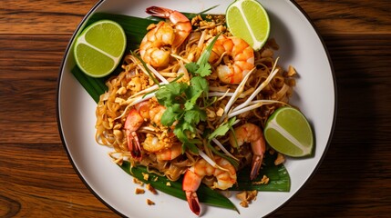 An overhead view of Pad Thai garnished with fresh lime wedges and sliced green onions, showcasing the intricate textures and colors.