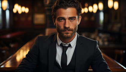 Fototapeta premium Confident businessman in suit looking at camera, indoors, caucasian ethnicity generated by AI