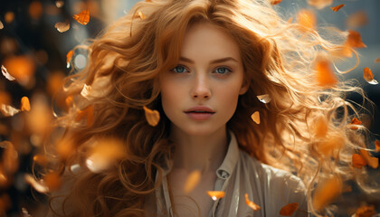 Young woman smiling, looking at camera, outdoors generated by AI