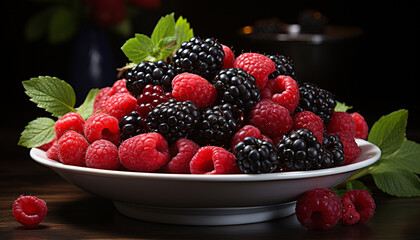 Fresh berry fruit on wooden table, healthy dessert generated by AI