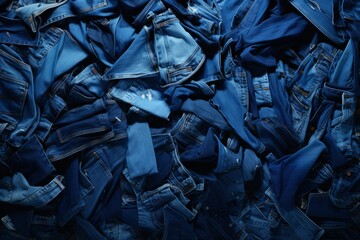 Pile of various denim jeans in blue tones, textured fashion background.