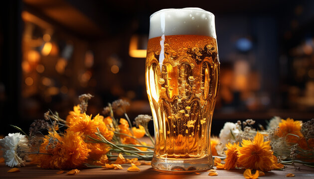 Freshness in a frothy drink, a pint glass of golden beer generated by AI