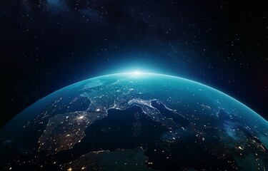 Surface of Earth planet in deep space. Outer dark space wallpaper. Night on planet with cities lights. View from orbit.