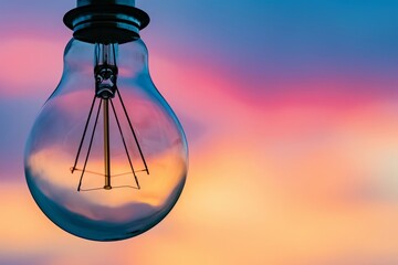 Sunset in a light bulb. Electricity concept. Earth hour. Energy consumption and environmental conservation, energy saving, Earth Hour or Day. Gas and energy crisis.