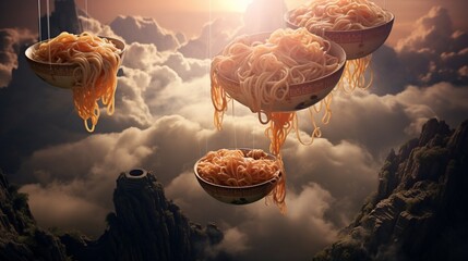 A surreal scene of Mapo noodles floating in the air, defying gravity in a dreamlike environment.