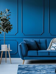 Blue couch against paneling wall. Minimalist home interior design of modern living room. generative AI