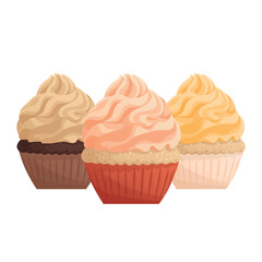 Three cupcakes decorated with whipped cream. Vanilla and chocolate cakes. Bakery, sweet food, dessert, pastry concept. Vector illustration for poster, banner, cover, card, postcard, menu.