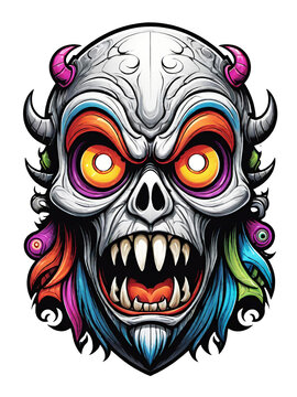 Gothic skull head with horns cartoon style illustration on transparent background