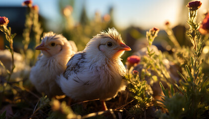 Fototapeta premium Young bird standing in green meadow, looking cute generated by AI