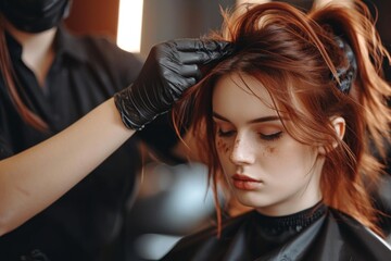 Beautiful hairstyle of woman after dyeing hair and making highlights in hair salon. Generative AI..