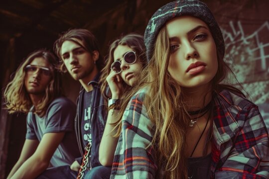 Alternative rock music and the culture of the 90s time, grunge style background. Generative AI.