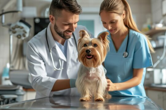 Veterinarian in a clinic, gently examining a dog on an examination table. Generative AI.