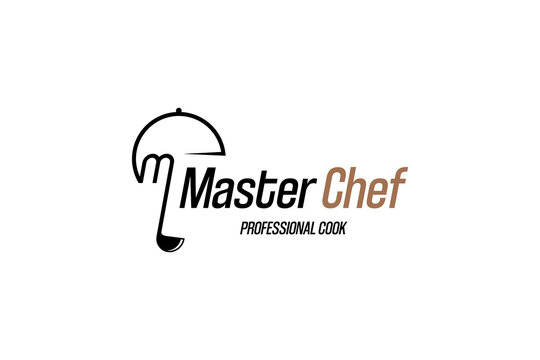 Restaurant logo design, vector symbol of master chef with pan lid and spoon of delicious vegetables