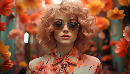 A beautiful young woman in sunglasses, fashionably posing outdoors generated by AI