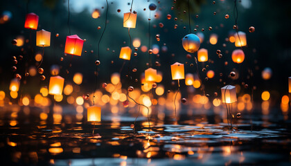 Glowing lanterns illuminate the dark night, creating a vibrant celebration generated by AI