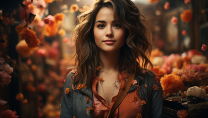 Naklejka premium A young woman, with brown hair, smiling, looking at camera generated by AI