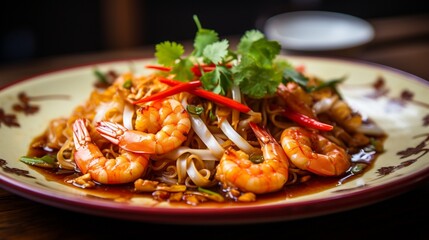 Close-up of Pad Thai noodles adorned with shrimp, bathed in a delectable sweet and savory sauce, capturing the dish's mouthwatering appeal. - obrazy, fototapety, plakaty