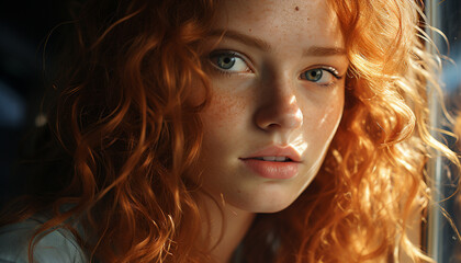 Fototapeta premium Smiling woman with curly hair looking at camera, radiating beauty generated by AI