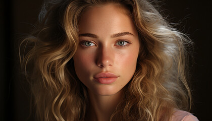 Fototapeta premium Beautiful young woman with long blond hair looking at camera generated by AI