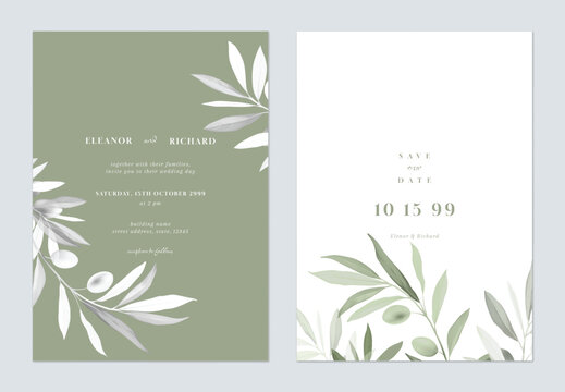 Fototapeta Green minimalist olive leaves wedding invitation
