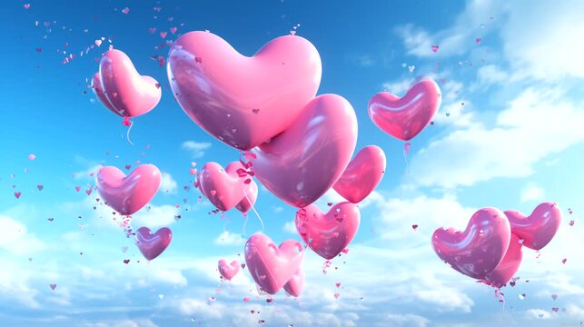 The image depicts colorful balloons and floating hearts against a blue sky, suitable for celebration, love, Valentines Day, and greetings.